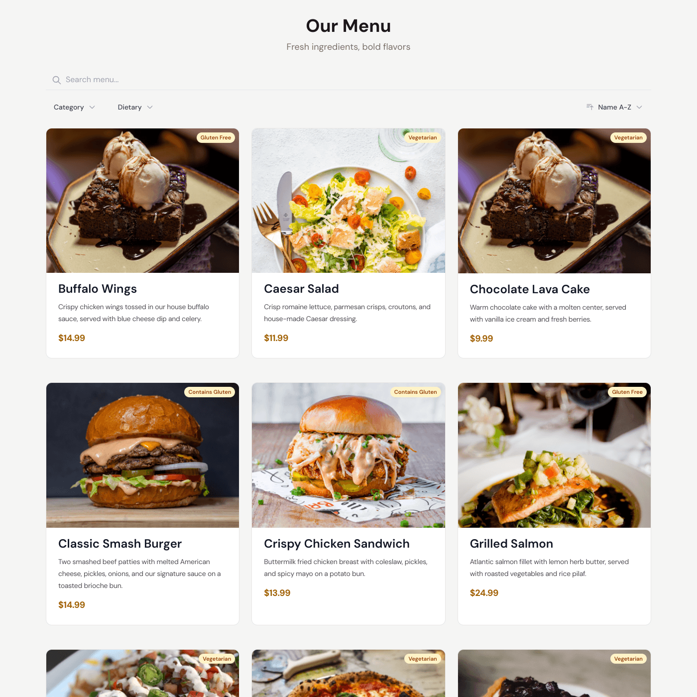 Restaurant Menu Widget embedded on a website